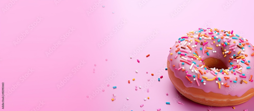 Poster a background image with copy space featuring a colorful donut with sprinkles on a pink background