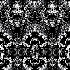 Obraz premium Haunting Cymatics Inspired Monstrosities Distorted Unsettling Patterns in Ominous Black and White