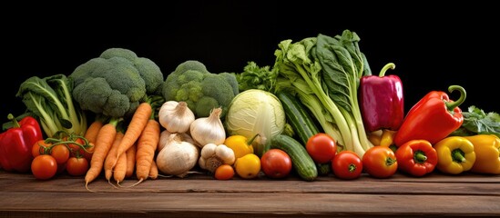 An assortment of fresh organic vegetables from a farmers market is displayed on a wooden table creating an appealing copy space image It promotes healthy vegetarian eating and highlights the variety