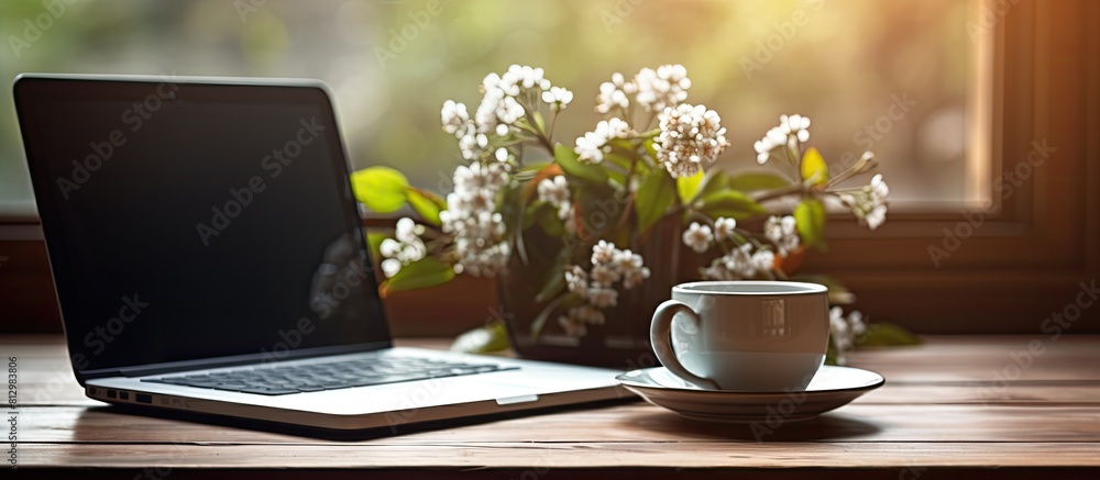 Poster the copy space image shows a laptop a tea mug a notebook with a pen and a flower in a room that serv