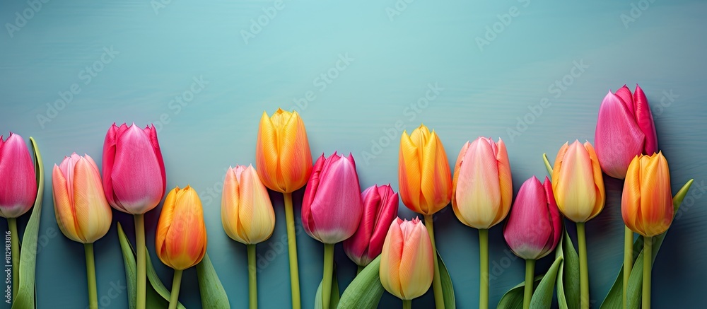 Poster a copy space image of vibrant tulips arranged on a textured colored paper backdrop