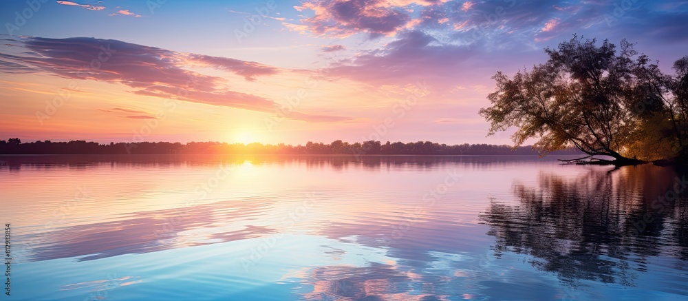 Poster the serene sunset casts a tranquil reflection on the calm lake creating a picturesque scene with a p