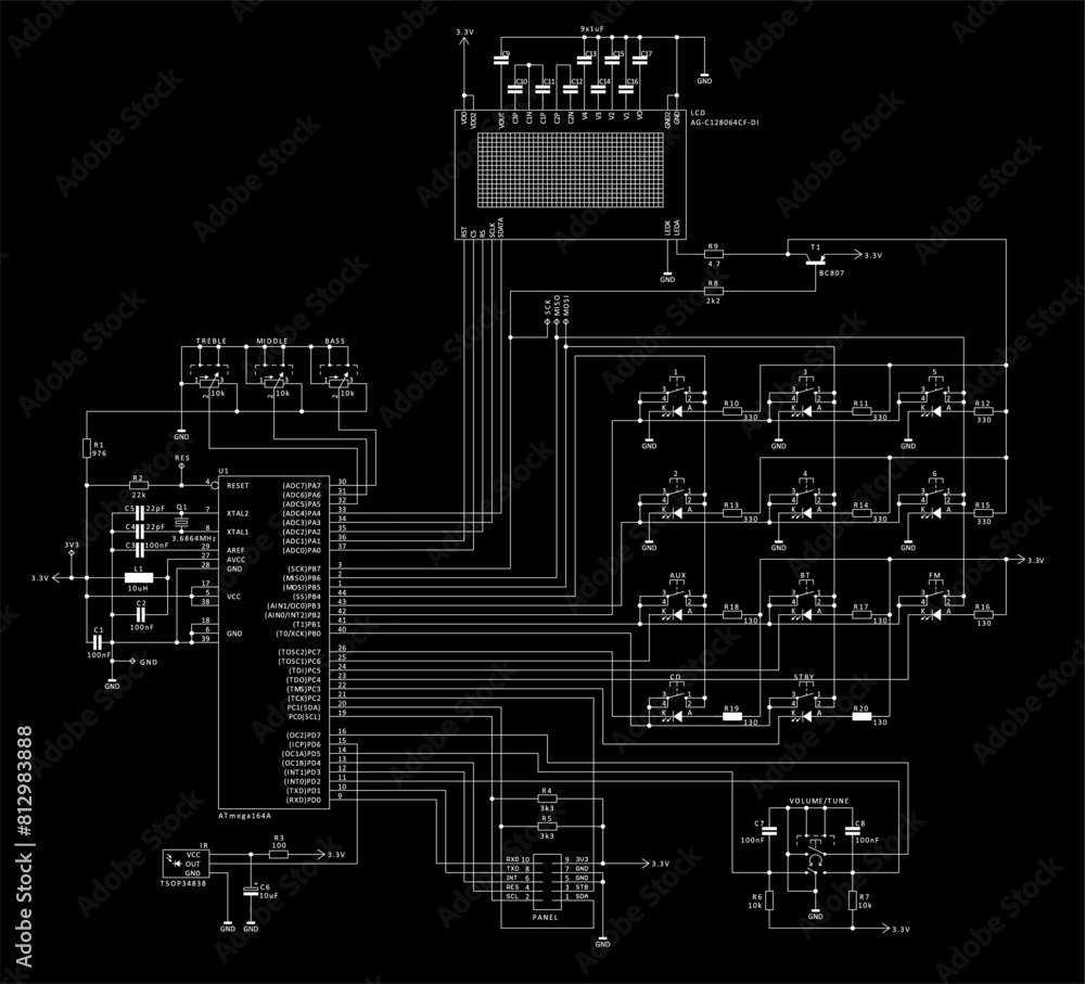 Poster schematic diagram of electronic device. vector drawing electrical circuit with lcd display, controll