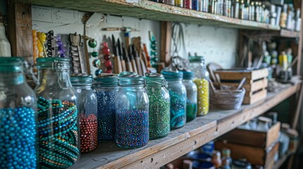 A detail of recycled glass jars with different sizes of colorful beads inside of them on a shelf