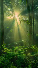 Emerald Dawn: A Misty Morning's Light Revealing a Pristine Forest's Hidden Beauty