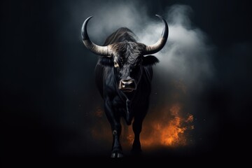 A bull standing on a black background, apocalyptic collage