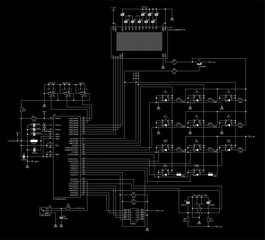 
Schematic diagram of electronic device.
Vector drawing electrical circuit with 
lcd display, controller, integrated circuit, button, 
resistor, capacitor, led, transistor
on background of paper sheet