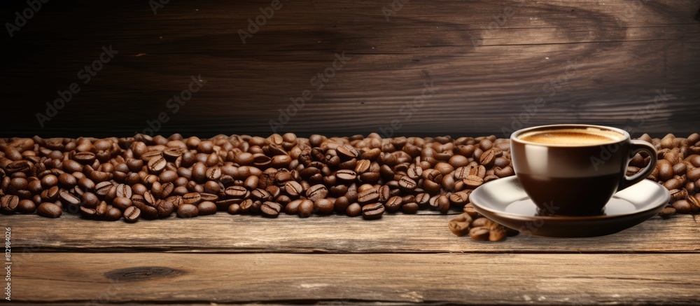 Poster an image of a cup of coffee and coffee beans on an aged wooden surface with empty space for text or 