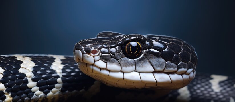 A close up image of a banded sea krait laticauda colubrina showing its head with copy space