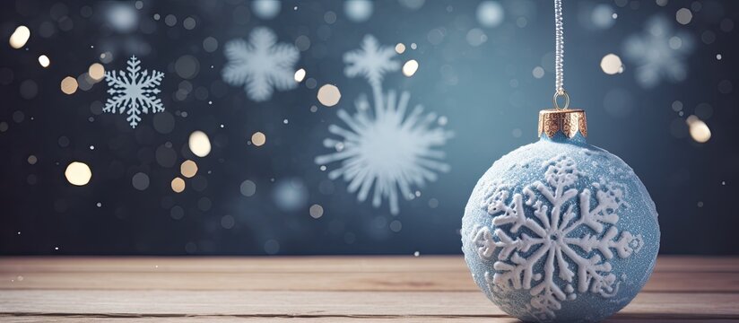 A festive Christmas ornament rests on a wooden background adorned with delicate snowflakes accompanied by a greeting card that wishes Merry Christmas and a Happy New Year The composition offers a bea