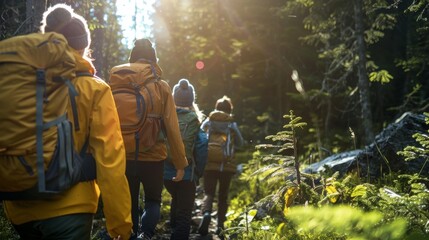 Fototapeta premium Mother and three kids hiking through a sunny forest. Everybody is wearing backpacks and jackets. Sun is shining brightly.