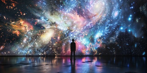 A person standing in a dark room, looking at a large picture of outer space. The image of space is a hologram, glowing with stars, galaxies, and nebulae. The person is in awe	
