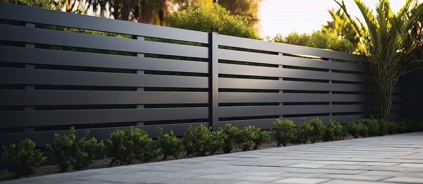 A sleek and contemporary metal fence with horizontal sections made of steel grating designed to enclose the yard area Perfect for a modern aesthetic Copy space image