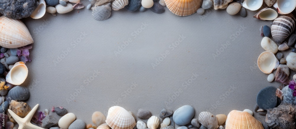 Poster a photo frame consisting of shells small stones and a vacant space for a copy space image