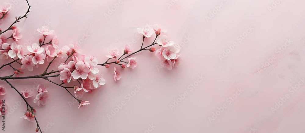 Poster a flower arrangement featuring spring branches of a blooming apple tree on a pastel pink marble back