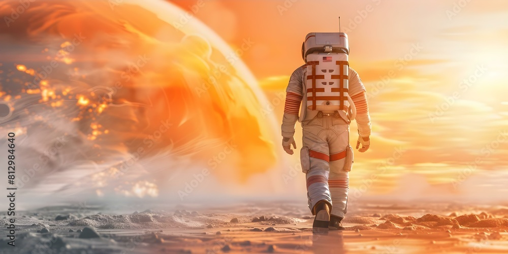 Poster exploration in space: d render of astronaut in cosmosuit walking on foreign planet surface. concept 