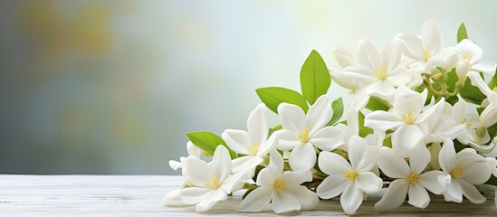 There is a copy space image featuring white Jasmine flowers close up against a nature background...