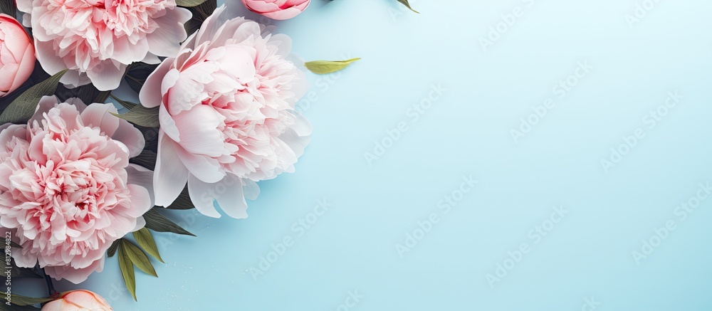 Poster a flat lay of pink peonies on a light blue background with an empty space for your text in the image