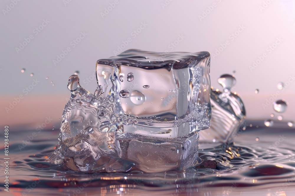 Poster highresolution image capturing a single ice cube making a splash in serene, still water