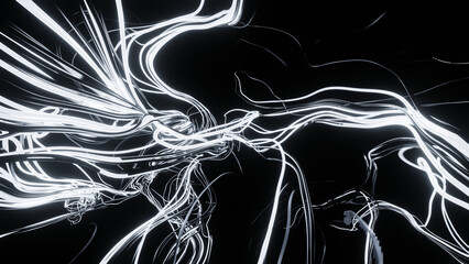 Abstract black and white waves texture background. Illustration of liquid acrylic paint. Smoke fog on black isolated