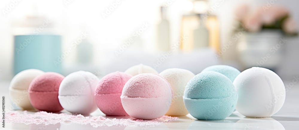 Poster a vibrant assortment of bath bombs displayed on a pristine white towel in a bathroom setting with am