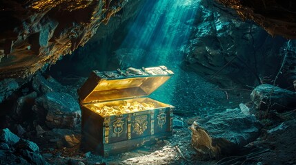 Cave Treasure: Riches of Gold Coins in Illustrated Chest
