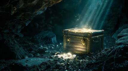 Gold Coin Abundance: Fantasy Treasure Chest in Hidden Cave