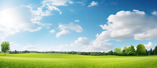 A sunny day creates a picturesque landscape with a green lawn stretching towards the sky leaving ample copy space