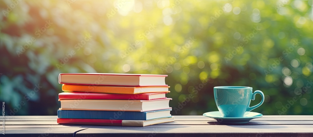 Poster back to school vibes with a stack of vibrant books and a cup resting on a wooden table set against a