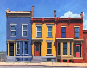 Obraz premium Colorful Row of Three Townhouses Against Clear Blue Sky - Urban Architecture