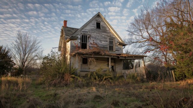 A run down house with a porch and a chimney