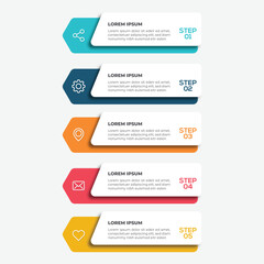 Concept of arrow business model with 5 steps. Five colorful graphic elements vector design.