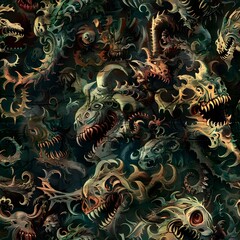 Phantasmagoric Nightmarish Primal Creatures in a Seamless Tiled Pattern Bizarre and Unsettling Entities with Distorted Inhuman Proportions Rendered