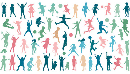 Colorful silhouette illustrations of diverse children's in various poses and activities, ideal for vibrant community or social interaction themes.