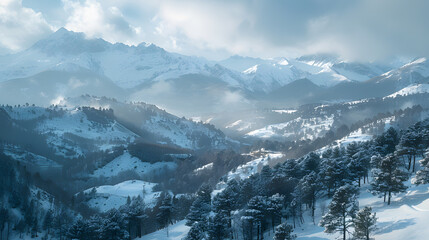 A photo of the Pyrenees mountains, with alpine scenery as the background, during a snowy winter day