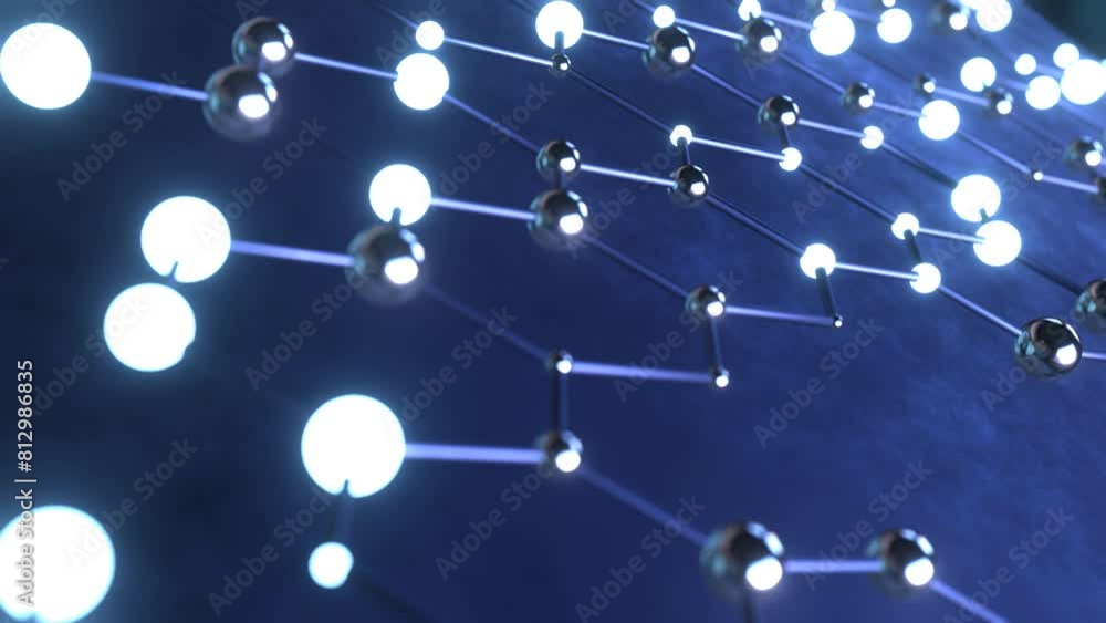 Poster 3d abstract futuristic metal blue atoms molecular balls on geometry grid. web connection with neon g