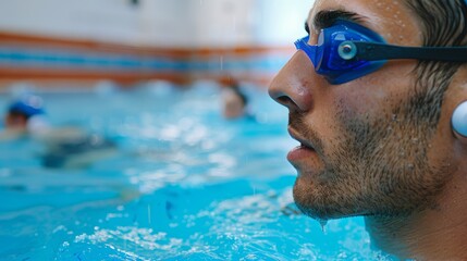closeup of a swimmer man, wearing a blue swimming cap, about to put an earplug, in a swimming pool