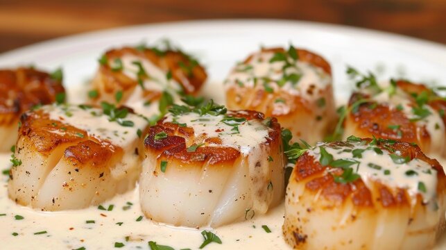 Scallops marinated in rum, with creamy cognac sauce with fresh herbs.