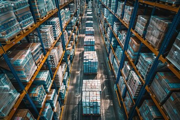 stacks of plasticwrapped pallets in vast logistics warehouse efficient inventory management supply chain concept aerial perspective photography