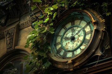 Fototapeta premium Vintage clock entwined with green ivy leaves on an old architectural structure, exuding a timeless beauty