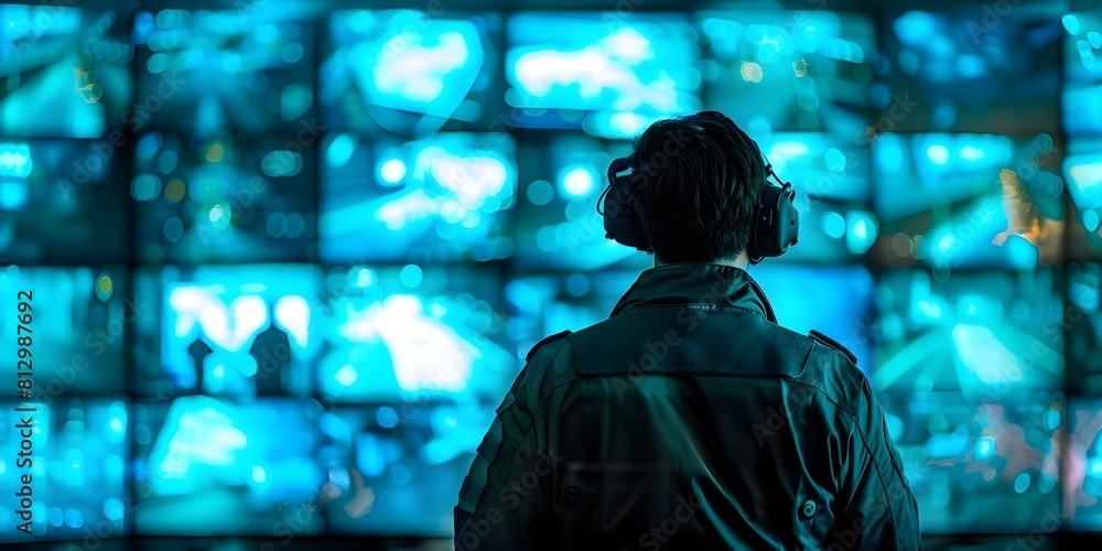 Poster security guard monitoring live surveillance feeds at control center for real-time security protectio