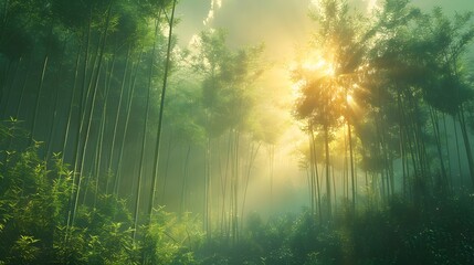 Fototapeta premium landscape of a bamboo forest bathed in soft morning light. Tall, slender bamboo stalks sway gently in the breeze, creating a peaceful atmosphere