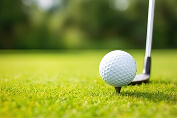 Obraz premium Golf ball teed up and ready for a precise swing with iron club