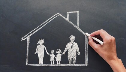Hand drawing roof on the family on chalkboard