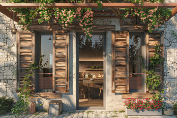Fototapeta na wymiar The charming facade of a modern cottage, adorned with blooming vines and rustic wooden shutters, exuding a cozy and inviting atmosphere.