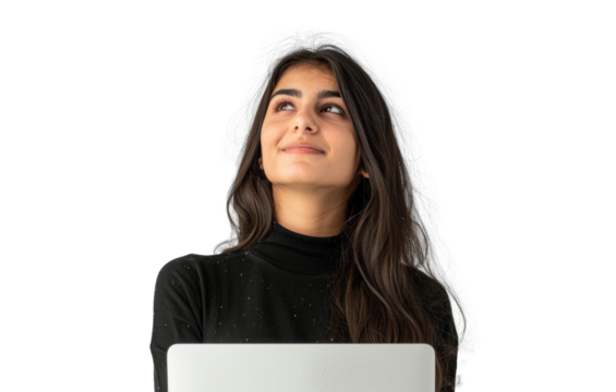 Young Woman with Laptop Looking Upward