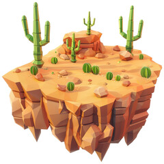 Arid desert island, overgrown with cactus trees, isometric, 3d cartoon
