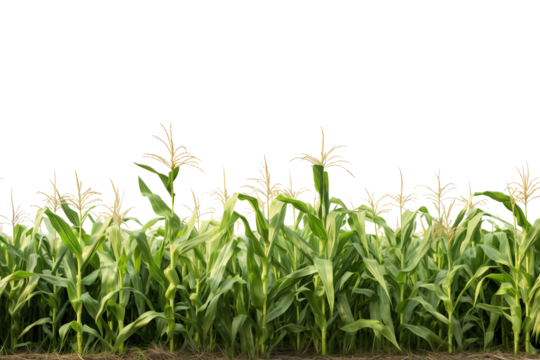 A large field of corn growing tall and green under the bright sun.