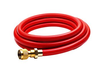 Coiled red rubber hose with brass fittings isolated on black background