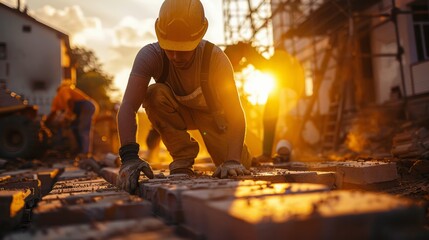 Fototapeta premium construction worker and his team are laying bricks to build a house.